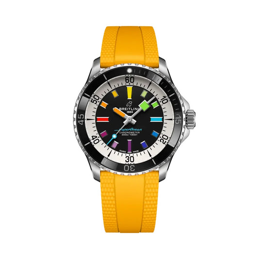 Breitling Superocean Automatic watch with a stainless steel case, black dial featuring multicolored baton markers, black bezel, and a yellow rubber strap.
