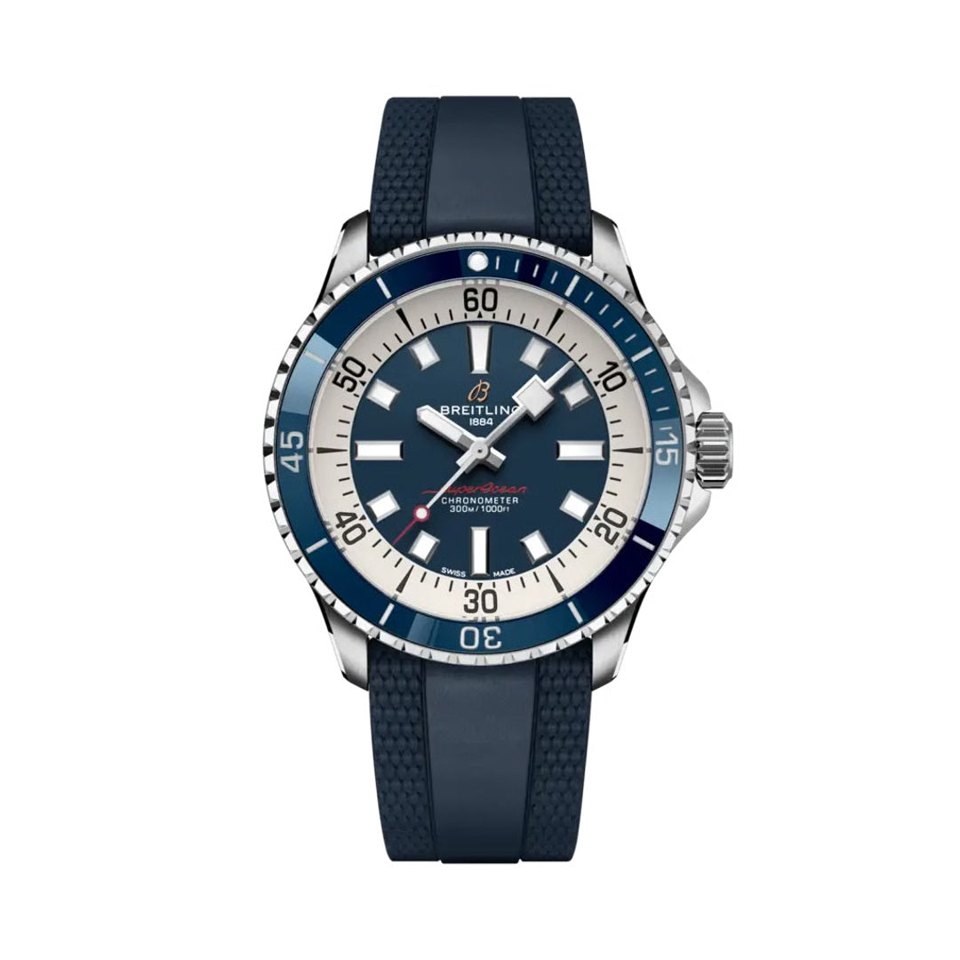 Breitling Superocean Automatic watch with a stainless steel case, blue dial featuring white baton markers, blue and silver bezel, and a blue rubber strap."