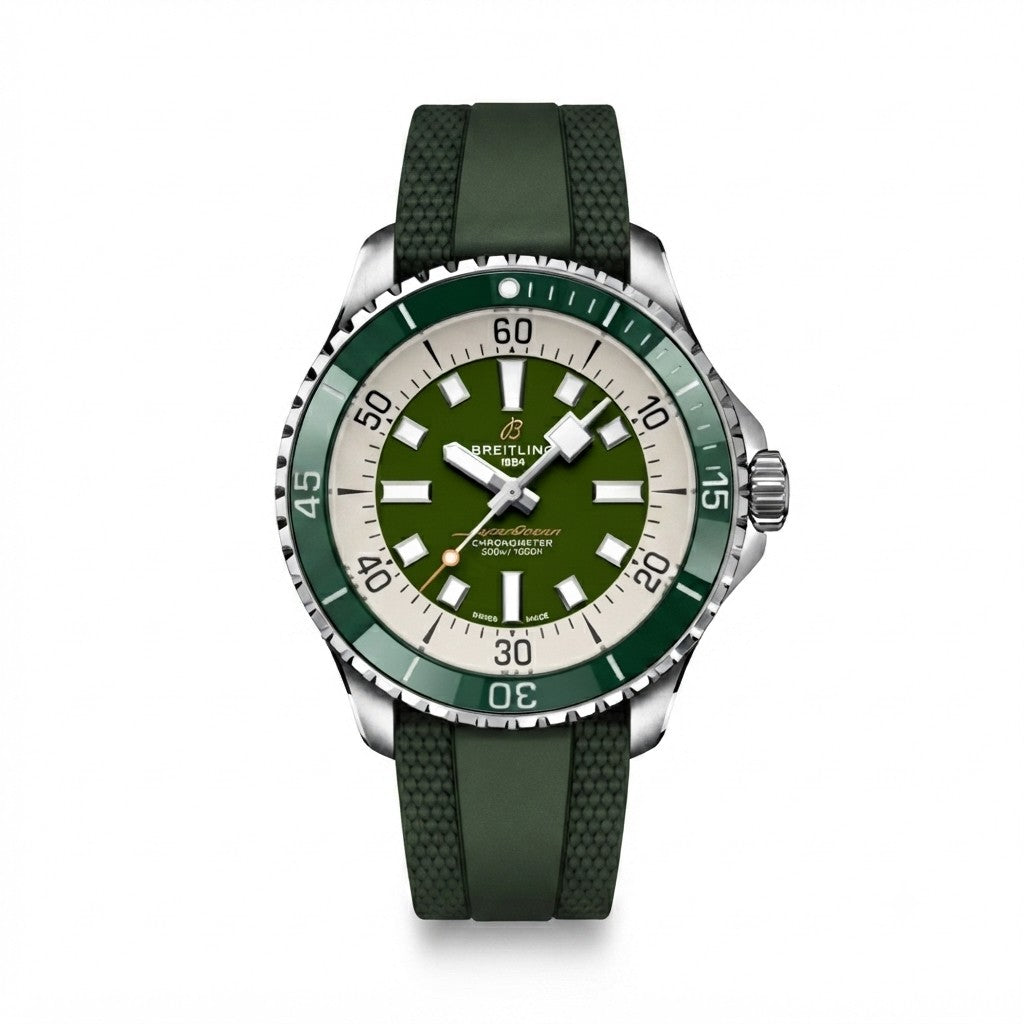 Breitling Superocean Automatic watch with a stainless steel case, green dial featuring white baton markers, green and silver bezel, and a green rubber strap.