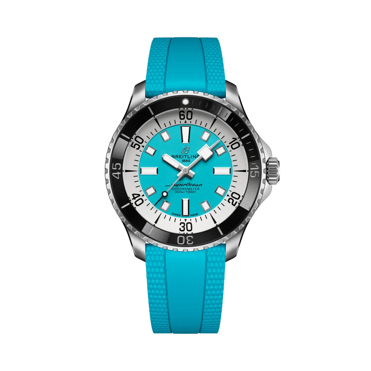 A wristwatch with a bright turquoise blue textured silicone strap, a silver stainless-steel case, and a white dial with a turquoise blue center.