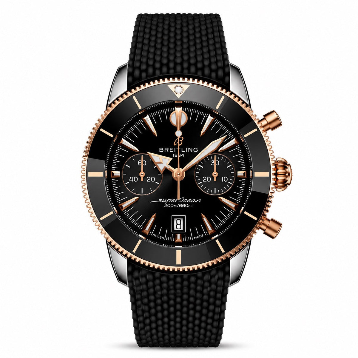 Breitling Superocean Heritage B01 Chronograph 42 with a stainless steel and 18k red gold case, black dial, two black subdials, and a black mesh rubber strap.