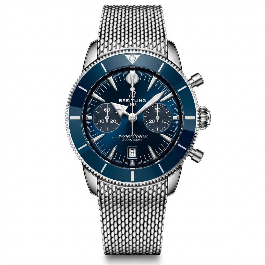 Breitling Superocean Heritage B01 Chronograph 42 with a stainless steel case and blue dial, blue ceramic bezel, two black subdials, and a stainless steel mesh bracelet.