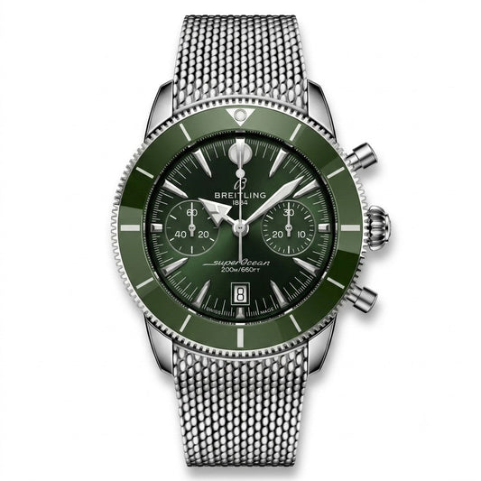  Breitling Superocean Heritage luxury chronograph watch featuring a deep green dial with matching chronograph subdials, silver-tone hands and hour markers, green rotating bezel, stainless steel case, date display, and stainless steel mesh bracelet.