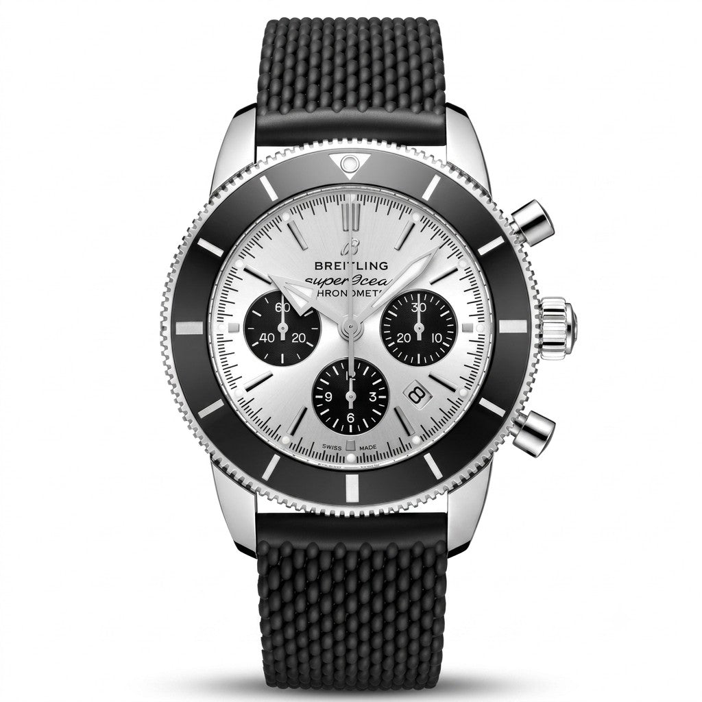Breitling Superocean Heritage luxury chronograph watch featuring a silver dial with three black subdials, silver-tone hands and hour markers, black rotating bezel, stainless steel case, date display, and textured black rubber strap.