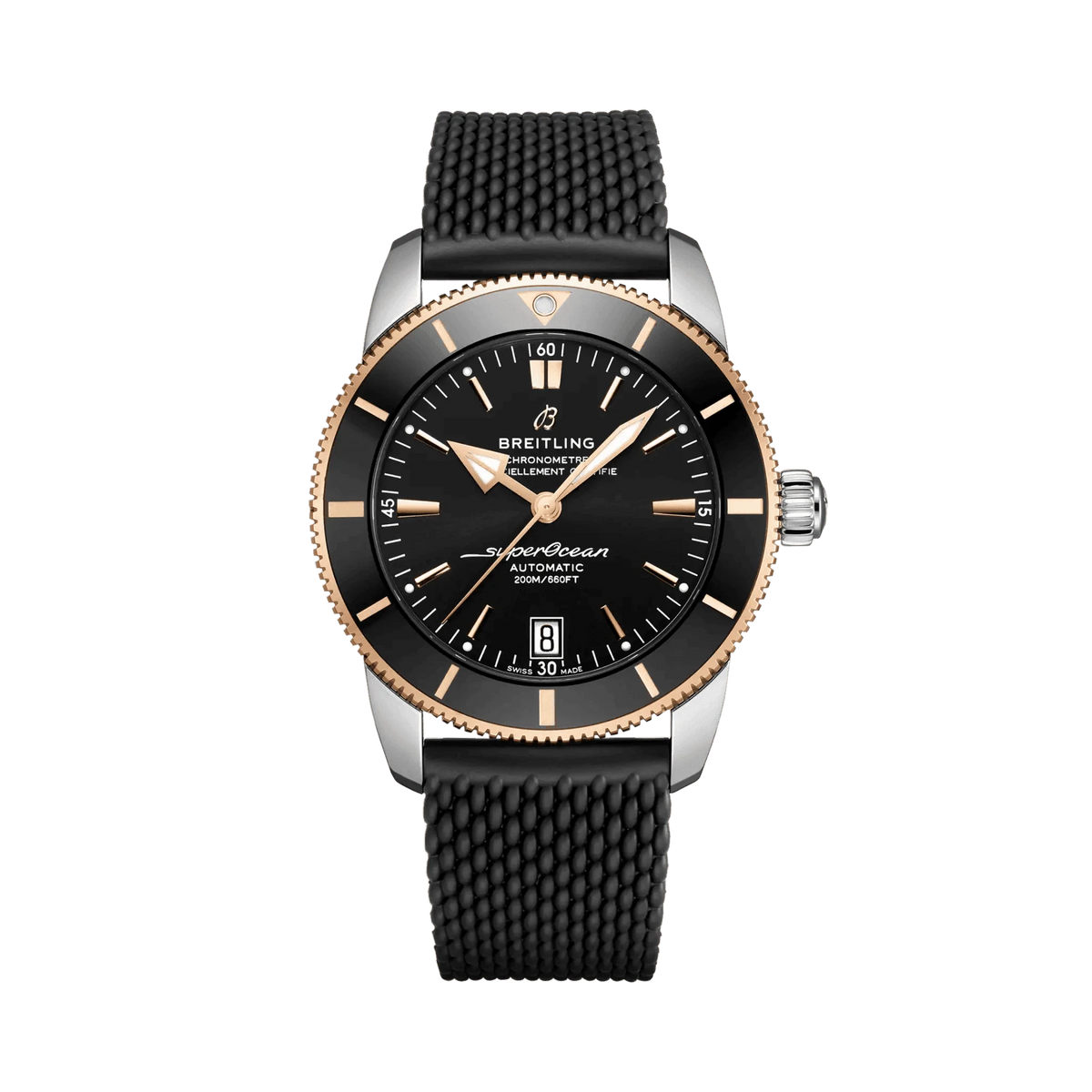 Breitling Superocean Heritage watch with a black dial, rose gold-tone details, date display and black textured strap.