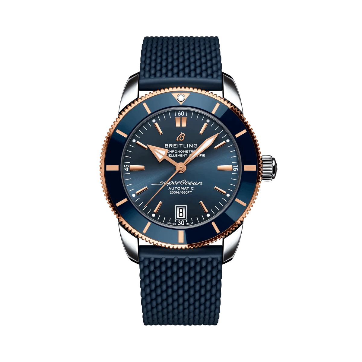 Breitling Superocean Heritage watch with a blue dial and bezel, rose gold-tone details, date display and textured blue strap.