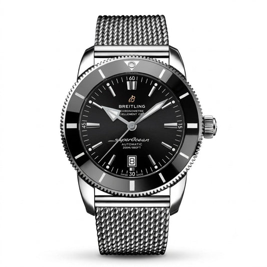 Breitling Superocean Heritage luxury automatic watch featuring a black sunburst dial with silver-tone hands and hour markers, black rotating bezel, stainless steel case, date display, and stainless steel mesh bracelet.