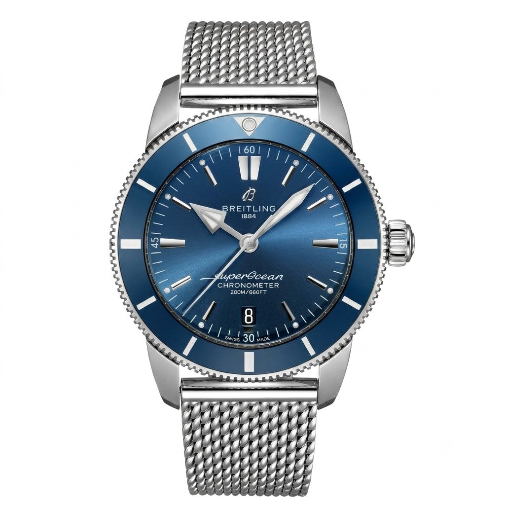  Breitling SuperOcean Chronometer watch with a blue sunburst dial, silver-tone stainless steel case, and matching steel mesh bracelet.