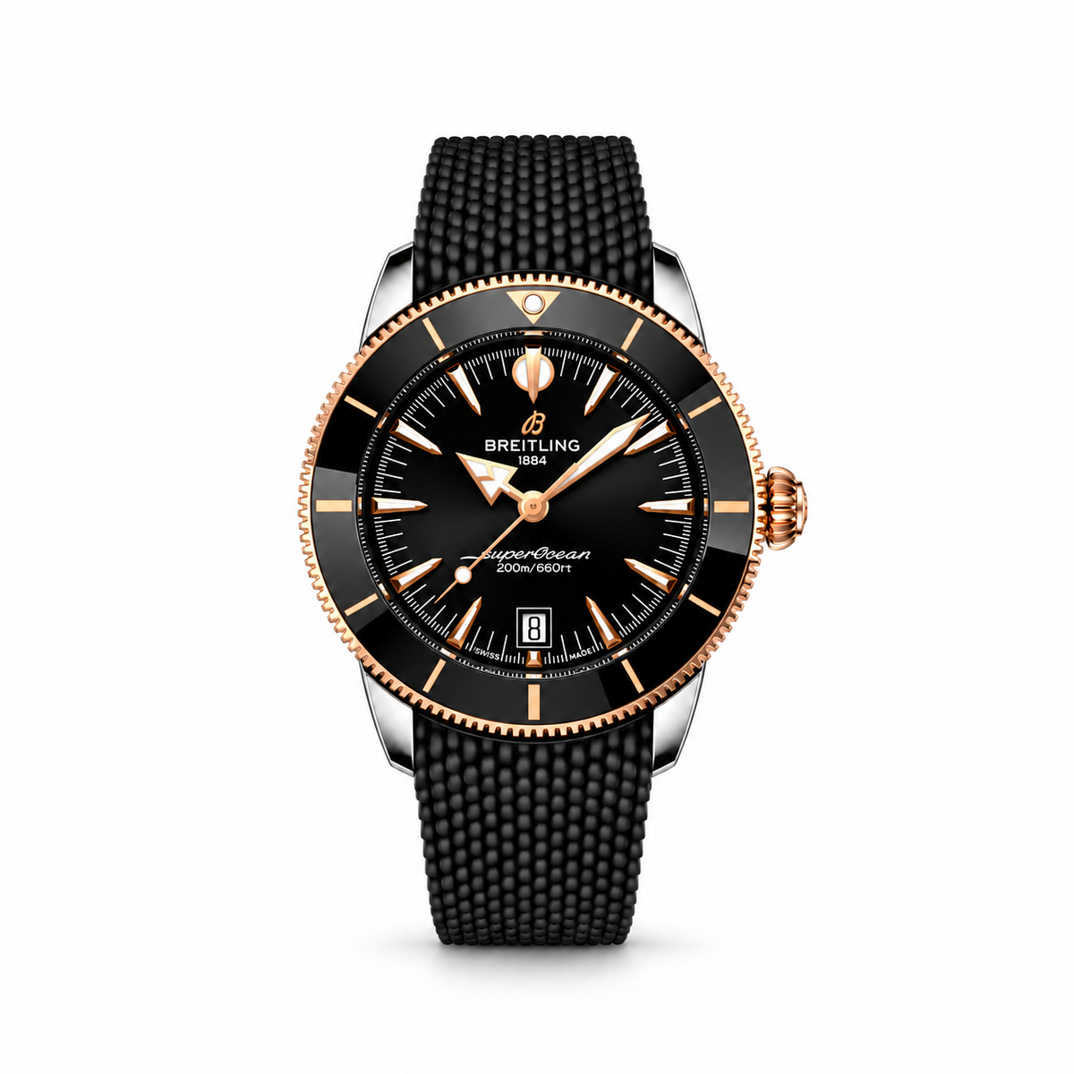 Breitling Superocean watch with a black dial, rose gold tone hands and bezel accents, date window at 6 o’clock and black textured rubber strap.
