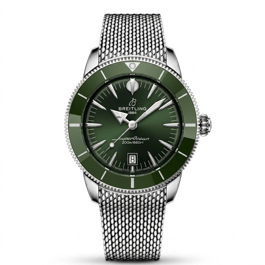 Breitling SuperOcean Eco-Drive watch with a dark green dial and bezel, a silver stainless steel case, and a matching silver mesh bracelet.