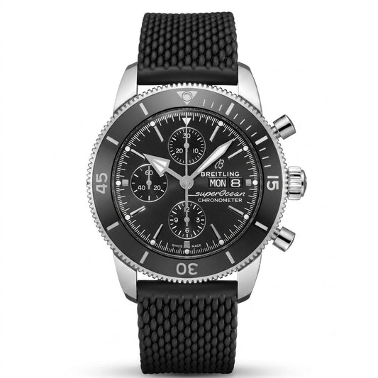  Breitling Superocean Heritage luxury chronograph watch featuring a black dial with three subdials, silver-tone hands and hour markers, black rotating bezel, stainless steel case, day-date display, and textured black rubber strap.