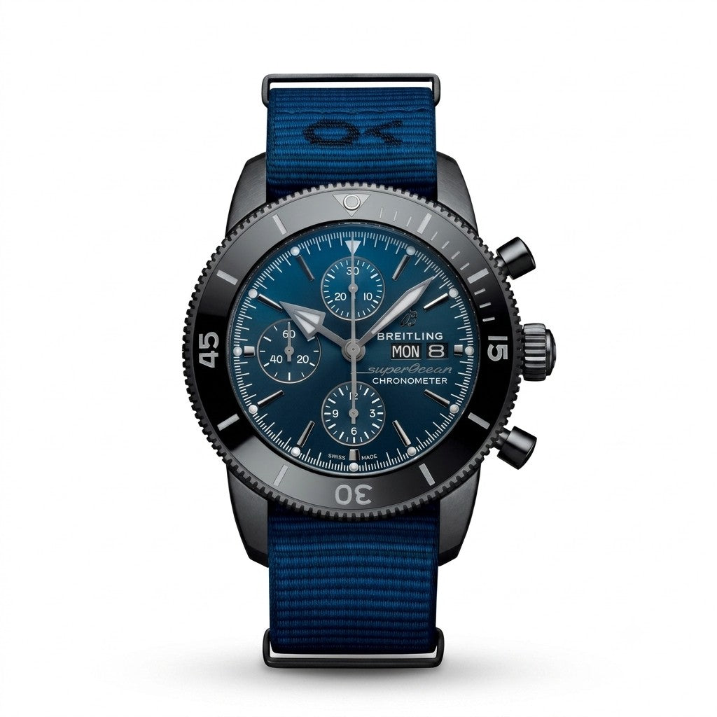 Breitling Superocean Heritage Chronograph 44 wristwatch featuring a black DLC-coated steel case, blue dial with three silver sub-dials, day and date window at 3 o'clock, black ceramic bezel, and blue NATO fabric strap with "OX" branding.
