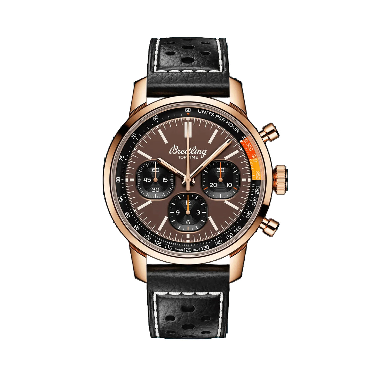 Breitling chronograph watch with a brown dial, three black subdials, rose gold-tone case and black perforated leather strap.