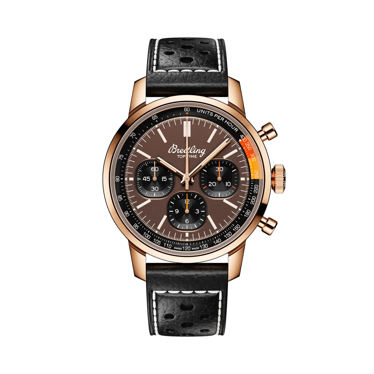 Breitling chronograph watch with a brown dial, three black subdials, rose gold-tone case and black perforated leather strap.