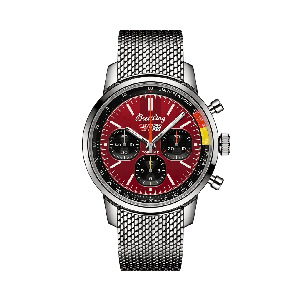 Breitling chronograph watch with a red dial, three black subdials, silver-tone case and mesh metal bracelet.