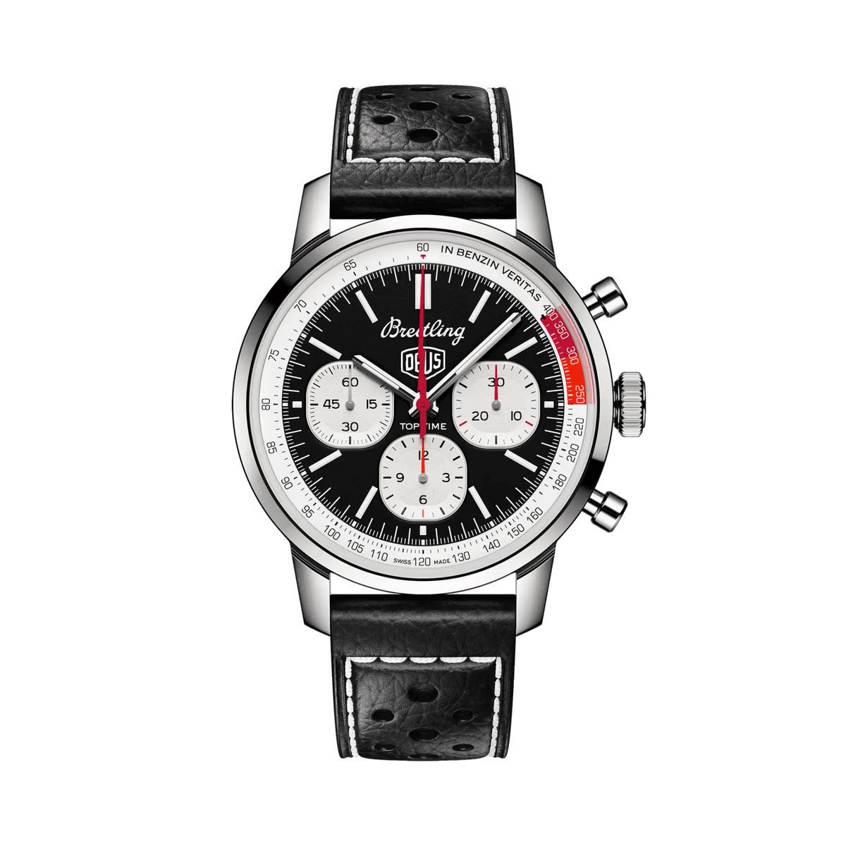 Breitling chronograph watch with a black dial, three white subdials, red accents, silver tone case and perforated black strap with white stitching.