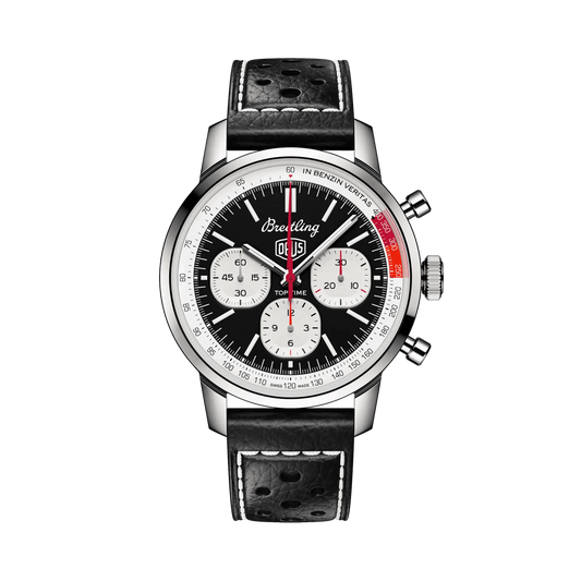 Breitling chronograph watch with a black dial, three white subdials, red accents, silver tone case and perforated black strap with white stitching.