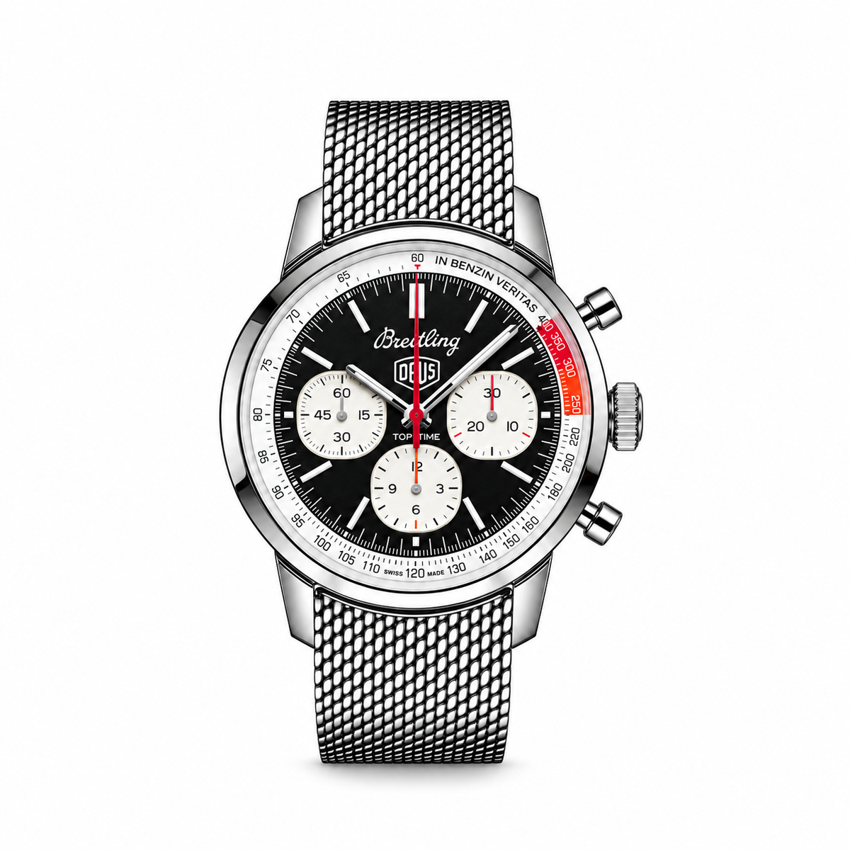 Breitling Top Time Deus chronograph with a black dial, three white subdials, red accents, polished silver tone case and mesh bracelet.
