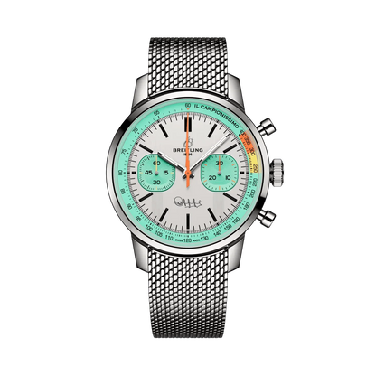 Breitling chronograph watch with a white dial, two mint green subdials, mint green outer ring, orange accents, silver tone case and mesh metal bracelet.