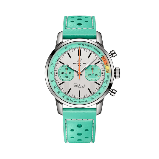 Breitling chronograph watch with a white dial, two mint green subdials, mint green outer ring, orange accents and perforated mint green leather strap with white stitching.