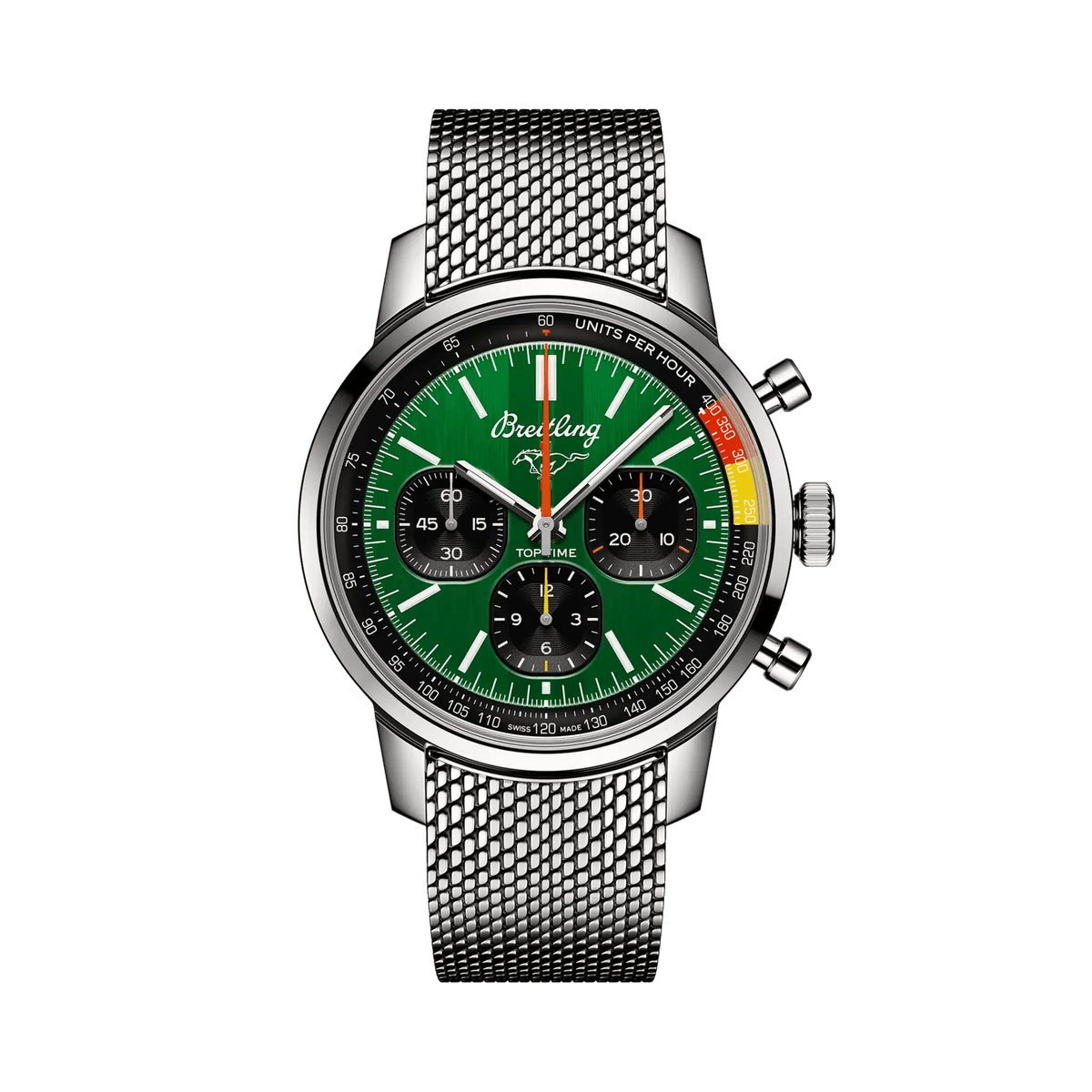 Breitling chronograph watch with a green dial, three black subdials, orange and yellow scale accents, silver tone case and mesh metal bracelet.