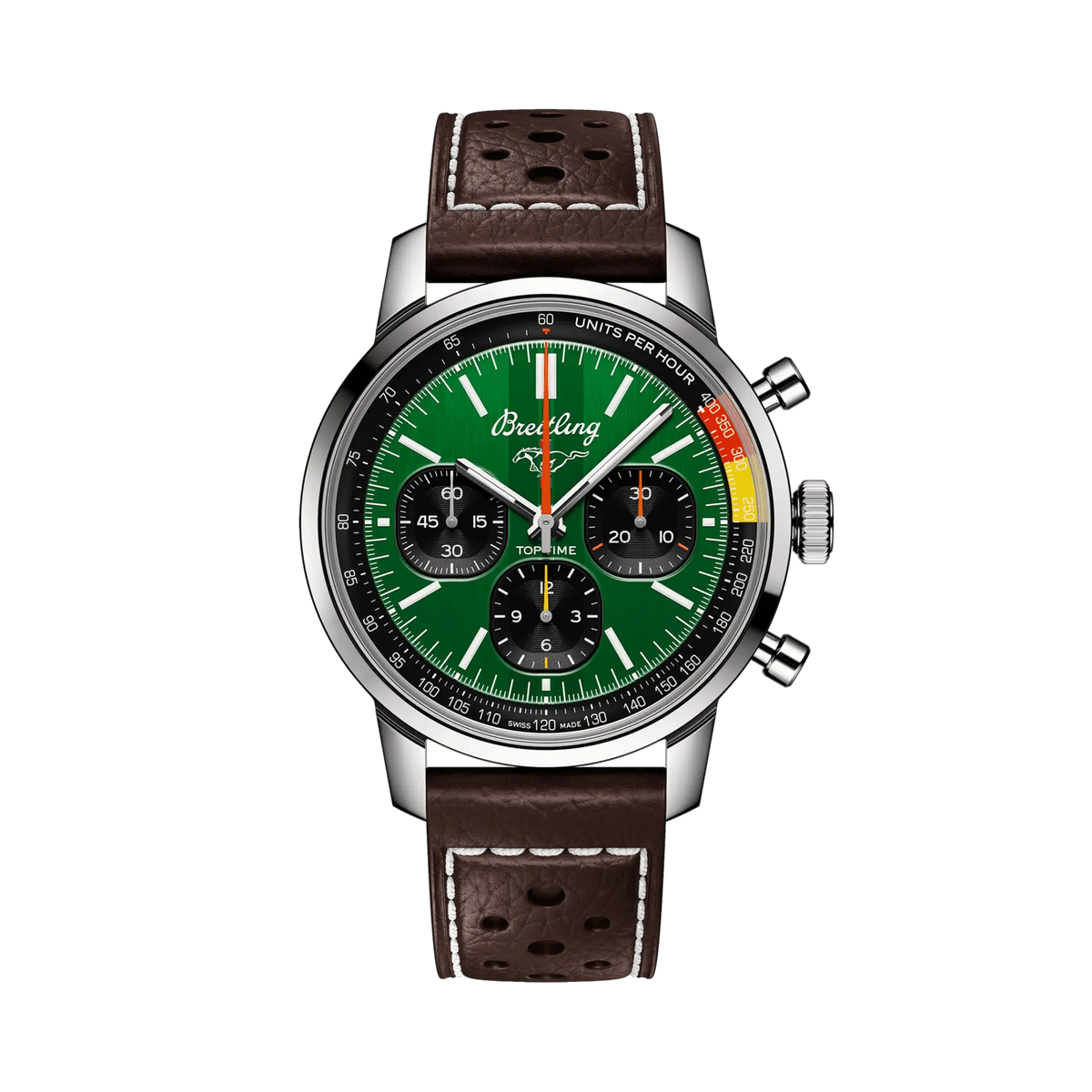 Breitling chronograph watch with a green dial, three black subdials, colorful accents, a silver-tone case and a brown perforated leather strap.