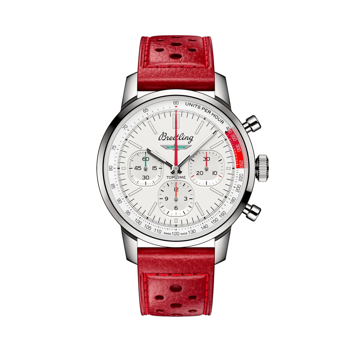 Breitling chronograph watch with a white dial, three subdials, red dial accents, silver tone case and perforated red leather strap.