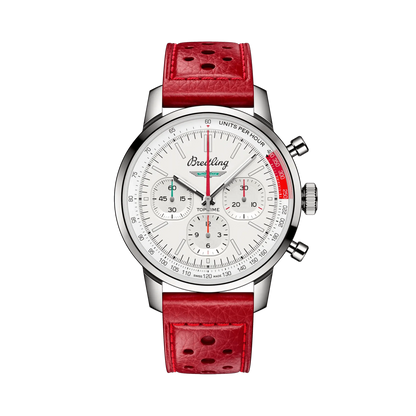 Breitling chronograph watch with a white dial, three subdials, red dial accents, silver tone case and perforated red leather strap.
