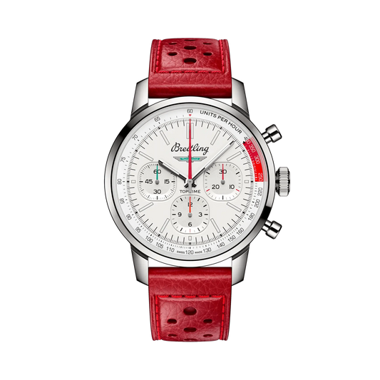 Breitling chronograph watch with a white dial, three subdials, red dial accents, silver tone case and perforated red leather strap.