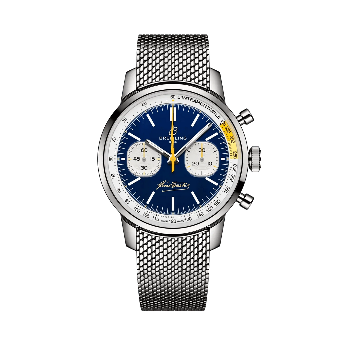 Breitling chronograph watch with a blue dial, two silver subdials, yellow accents, silver tone case and mesh metal bracelet.