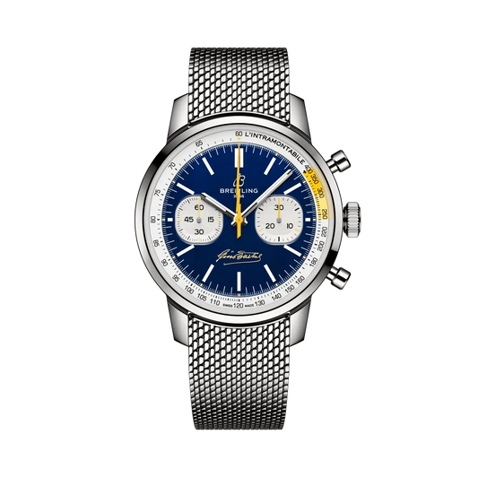 Breitling chronograph watch with a blue dial, two silver subdials, yellow accents, silver tone case and mesh metal bracelet.