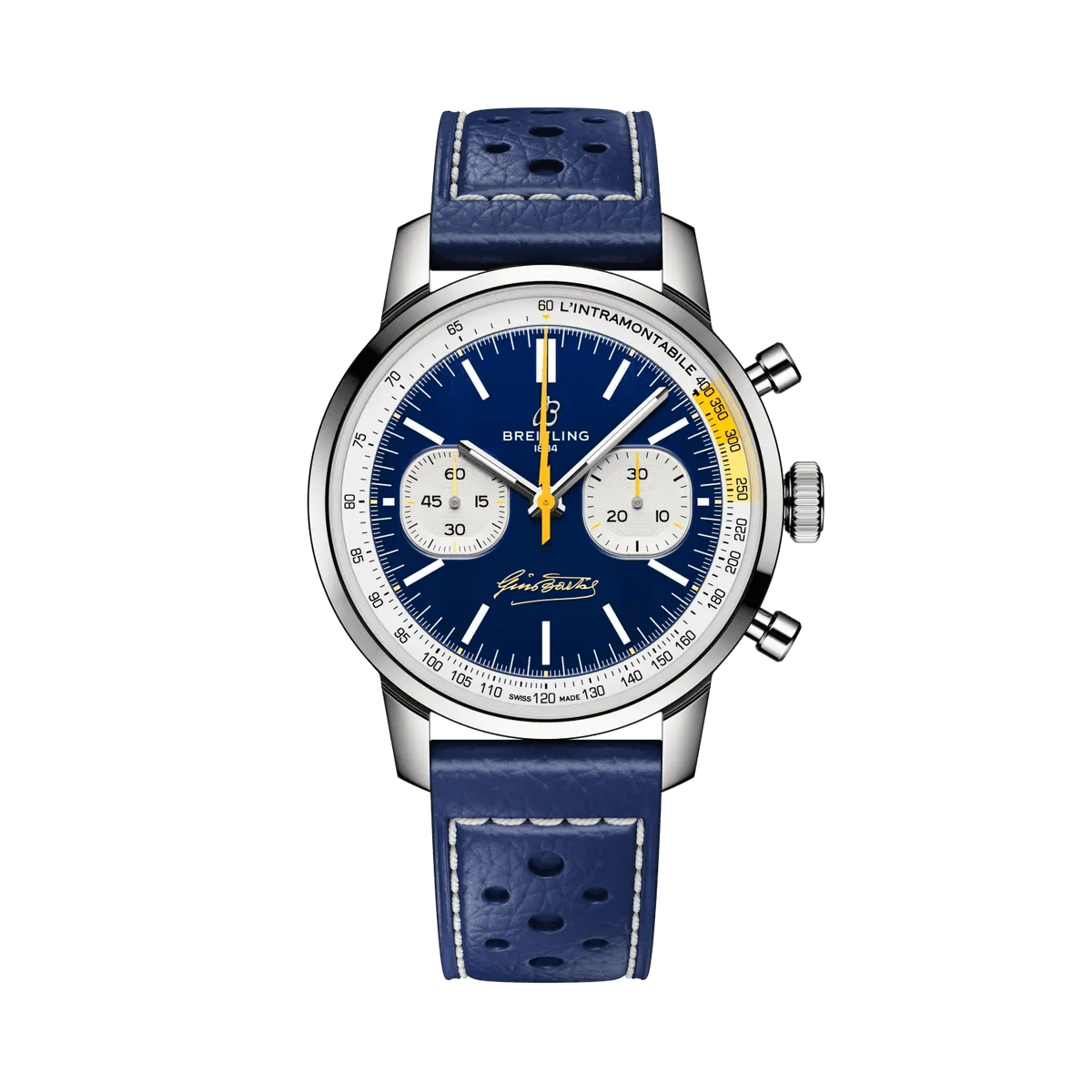 Breitling chronograph watch with a blue dial, two silver subdials, yellow accents, silver tone case and perforated blue leather strap with white stitching.