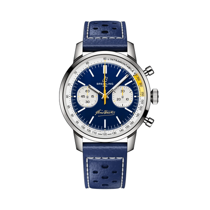 Breitling chronograph watch with a blue dial, two silver subdials, yellow accents, silver tone case and perforated blue leather strap with white stitching.