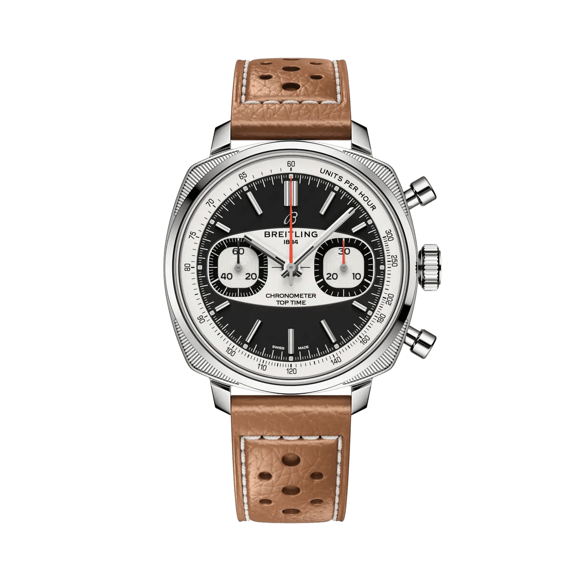 Breitling chronograph watch with a black dial, two silver subdials, silver tone cushion-shaped case and perforated tan leather strap with white stitching.