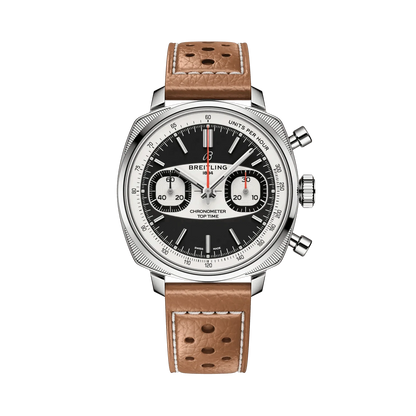 Breitling chronograph watch with a black dial, two silver subdials, silver tone cushion-shaped case and perforated tan leather strap with white stitching.