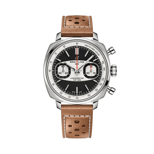 Breitling chronograph watch with a black dial, two silver subdials, silver tone cushion-shaped case and perforated tan leather strap with white stitching.