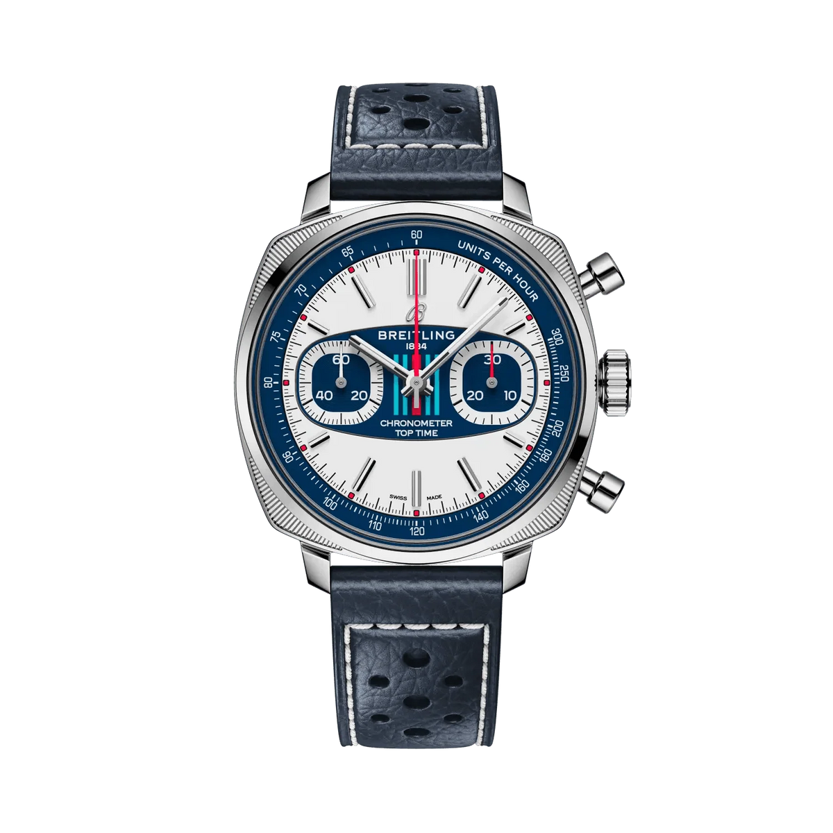 Breitling chronograph watch with a white dial, two blue subdials, blue outer ring, silver tone cushion-shaped case and perforated navy leather strap with white stitching.