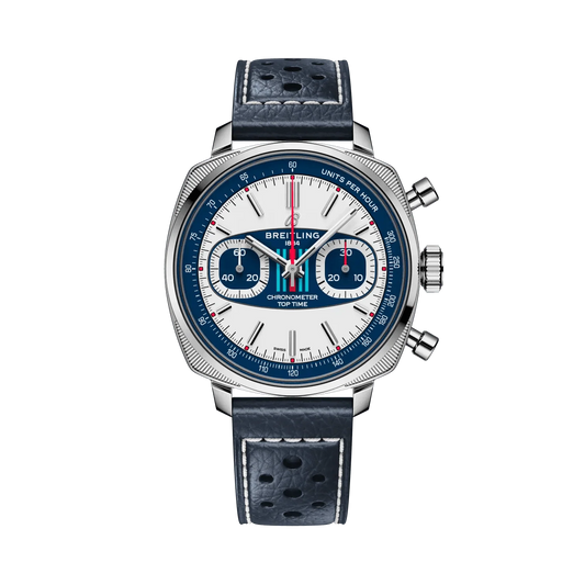 Breitling chronograph watch with a white dial, two blue subdials, blue outer ring, silver tone cushion-shaped case and perforated navy leather strap with white stitching.