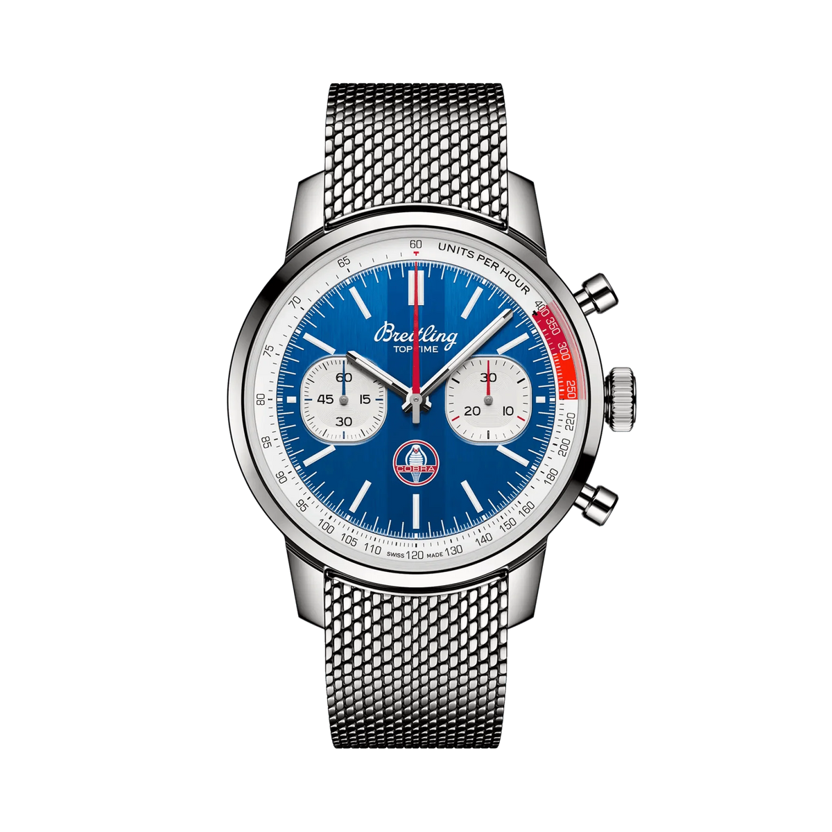 Breitling chronograph watch with a blue dial, two silver subdials, red accents, silver tone case and mesh metal bracelet.