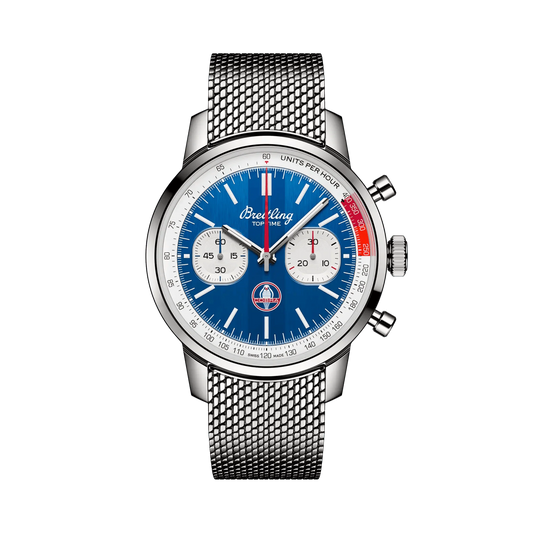 Breitling chronograph watch with a blue dial, two silver subdials, red accents, silver tone case and mesh metal bracelet.