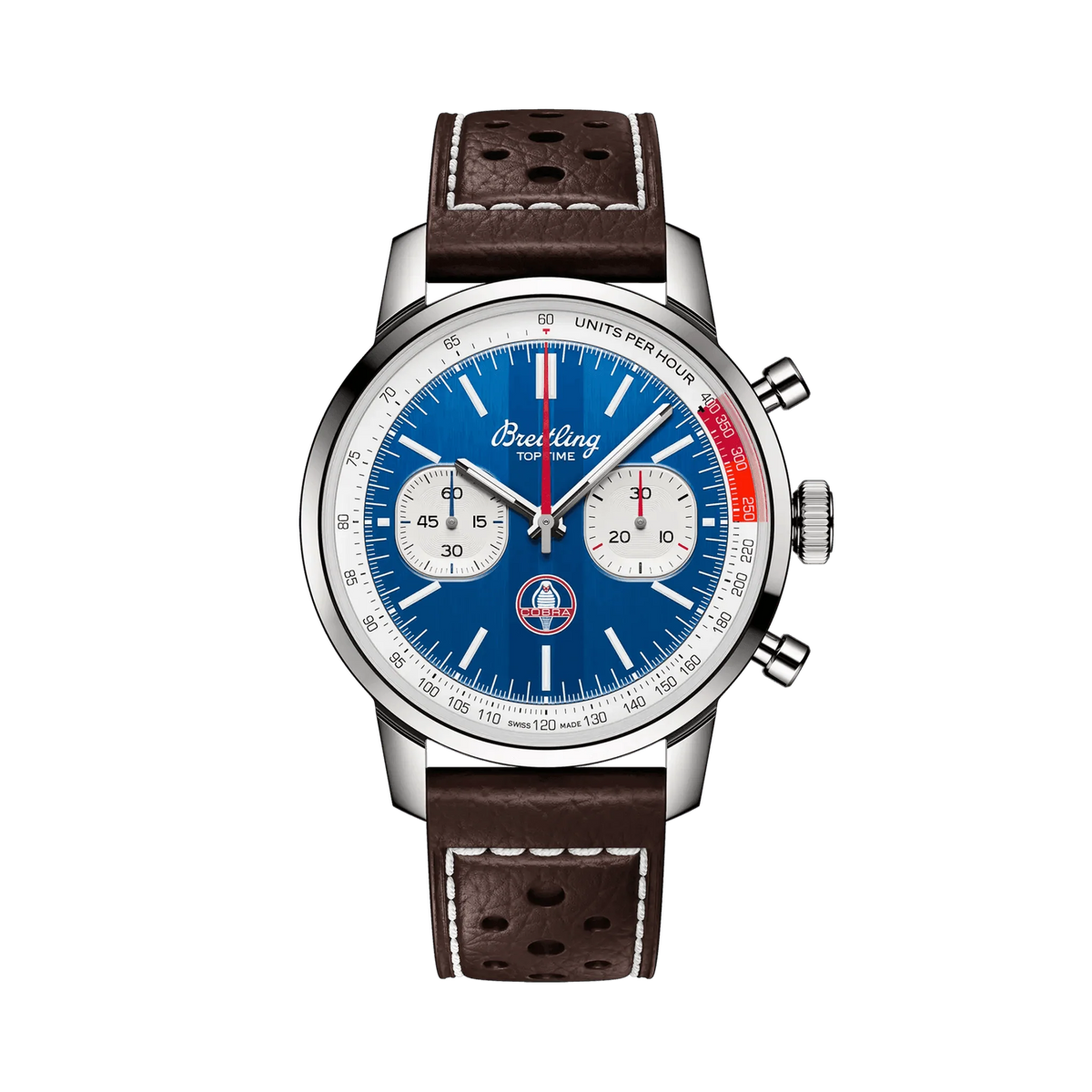 Breitling chronograph watch with a blue dial, two silver subdials, red accents, silver tone case and perforated brown leather strap with white stitching.