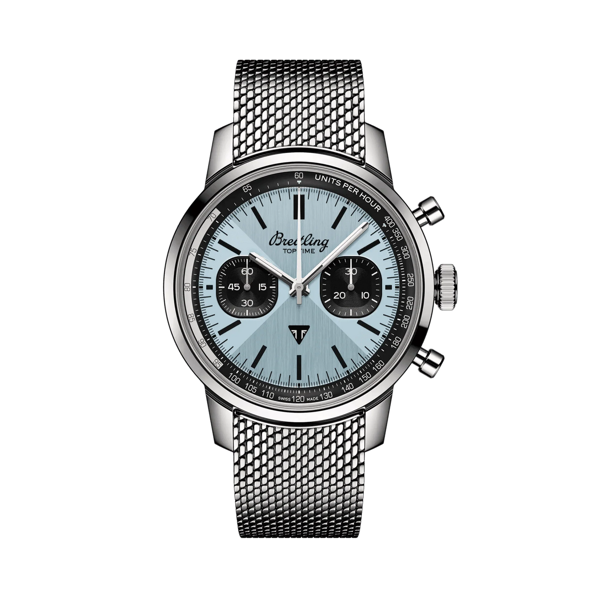 Breitling chronograph watch with a light blue dial, two black subdials, silver tone case and mesh metal bracelet.