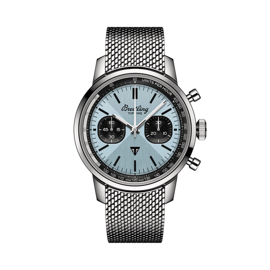 Breitling chronograph watch with a light blue dial, two black subdials, silver tone case and mesh metal bracelet.