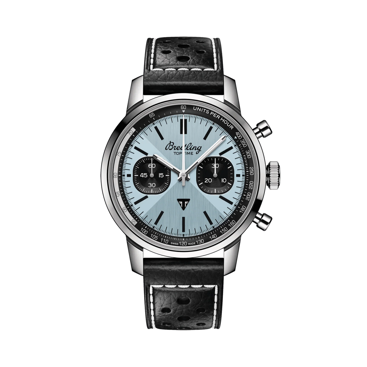 Breitling chronograph watch with a light blue dial, two black subdials, silver-tone case and black leather strap.