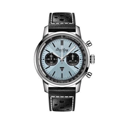Breitling chronograph watch with a light blue dial, two black subdials, silver-tone case and black leather strap.