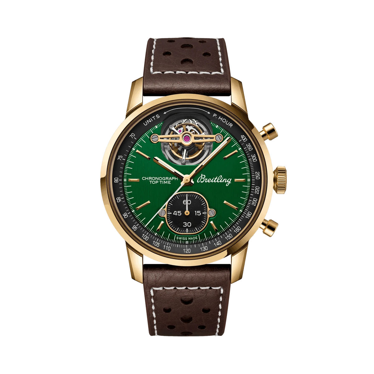 Breitling watch with a green dial, exposed tourbillon, black subdial, gold-tone case and brown perforated leather strap.
