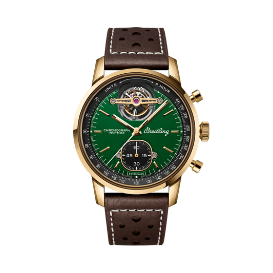 Breitling watch with a green dial, exposed tourbillon, black subdial, gold-tone case and brown perforated leather strap.