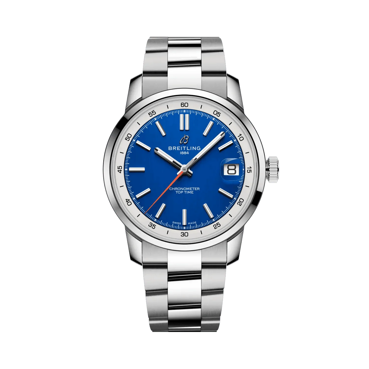 Breitling watch with a blue dial, silver hour markers, orange seconds hand, date display, silver tone case and metal link bracelet.