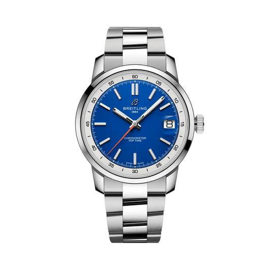 Breitling watch with a blue dial, silver hour markers, orange seconds hand, date display, silver tone case and metal link bracelet.