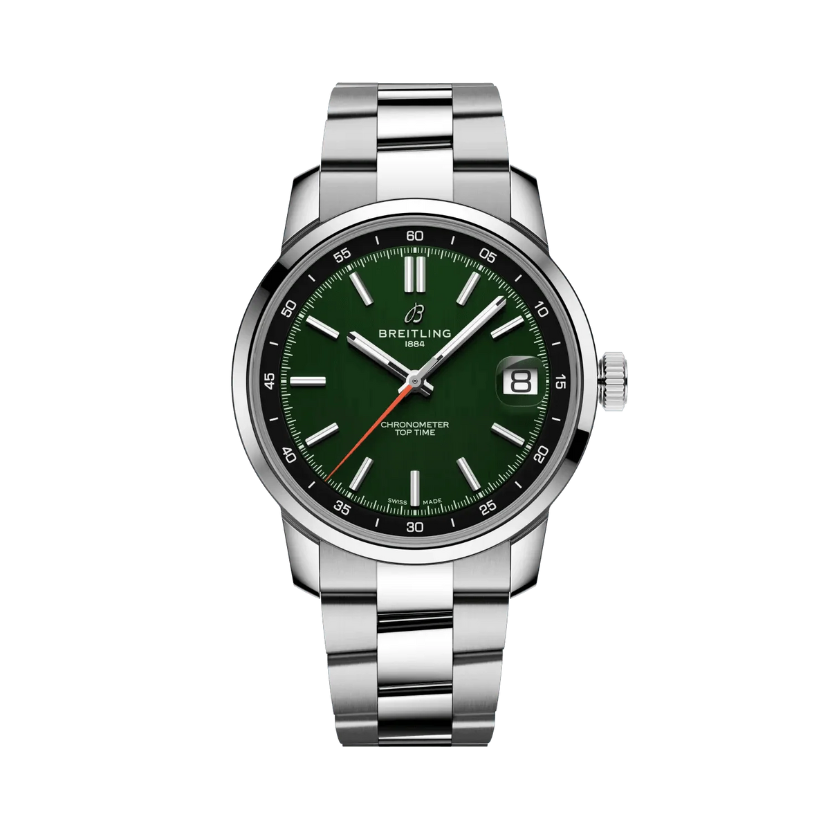 Breitling watch with a green dial, silver hour markers, orange seconds hand, date display, silver tone case and metal link bracelet.